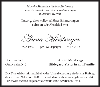 Traueranzeige von Anna Mirsberger von Pegnitz-Zeitung